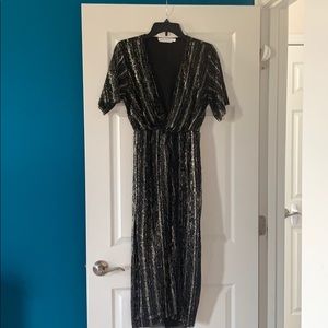 All in Favor Black and Silver Metallic Wrap-Style Wedding Guest Dress